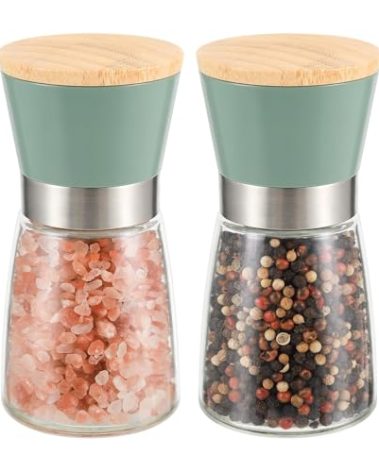 VUCCHINI Salt and Pepper Grinder Set Bamboo Lid- Adjustable Coarse Salt and Pepper Mills - Refillable Ceramic Burr Kitchen Gift Manual Spice Grinder Green