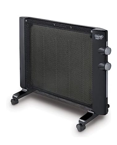 DeLonghi Mica Panel Space Heater, 1500W quiet electric space heater for indoor use, adjustable thermostat, freestanding/ easy wall mount, full room heating with built-in safety features, HMP1500 Black