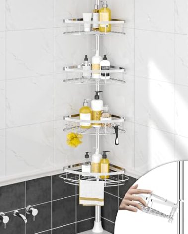 SEIRIONE Rustproof Shower Corner Caddy Organizer for Bathroom, 4 Adjustable Shelves with Tension Pole, for Bathtub Shampoo Accessories Storage Holder, 34 to 116 Inch Height