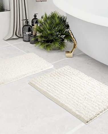 Walensee Bathroom Rug 2 Pieces Set Non Slip Bath Mat (17x24 Plus 20x32 Inch Ivory) Water Absorbent Super Soft Shaggy Chenille Machine Washable Dry Extra Thick Perfect Carpet for Shower Floor