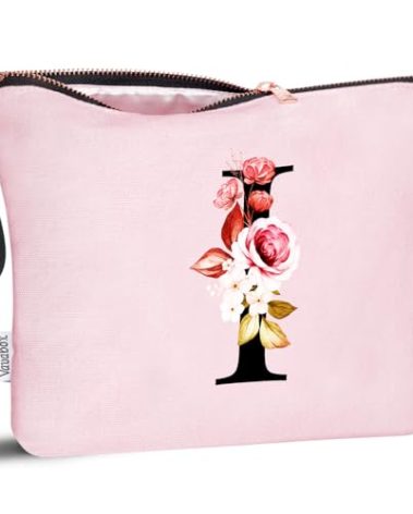 Vavabox A-Z Personalized Makeup Bag, Birthday Gifts for Women Mom, Gifts for Best Friend, Bride Bridesmaid Cosmetic bag (I, Pink)