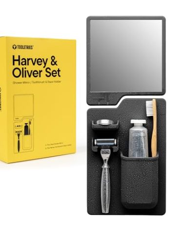 TOOLETRIES The Harvey & Oliver Set- Toothbrush & Razor Holder and Fog Resistant Mirror - Silicone Shower & Bathroom Accessory - Features Silicone-Grip Technology, Removable & Reusable - Charcoal
