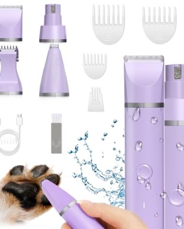 Veeconn Dog Grooming Clippers Kit-Electric Rechargeable Cat Trimmer Tools-Cordless Quiet Pet Nail Paw Grinder-4 in 1 Multifunctional Low Noise Shaver-Razor for feet Face Ears Toenail Eye