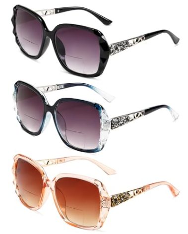 Lutonglenss Oversized Bifocal Sunglasses For Women Classic Retro Reading Sunglasses 3 Pack UV400 Sun Readers Glasses With Metal Spring +2.25