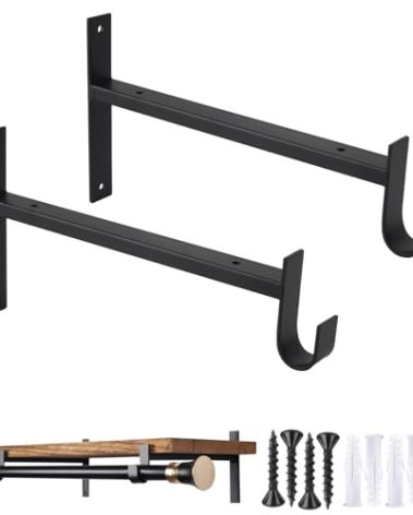 OVOV Closet Rod Bracket Heavy Duty 12 Inch Closet Shelf Brackets with Rod Holder Black Wall Mounted Closet Rod Support Brackets with Hook (2 Pack)