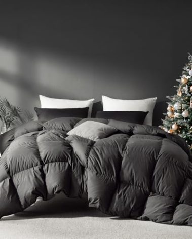 Saisier Grey Goose Feather Down Comforter King Size, Premium All Season Duvet Insert, 750+ Fill Power 1200TC Cotton Blend Fabric Hotel Style Comforter, 50 Oz Lightweight (106x90, Dark Grey)