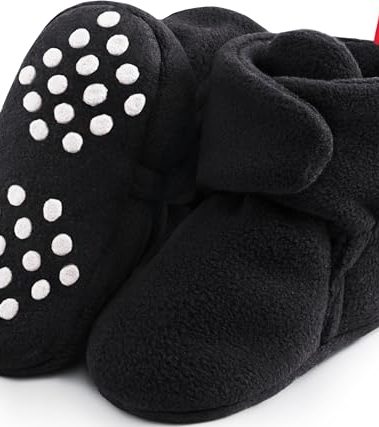 Bufims Fleece Baby Booties 12-18 Months Unisex Non-Slip Sole First Walkers Toddler Slipper Socks for Baby Boy and Girl Gifts, Black