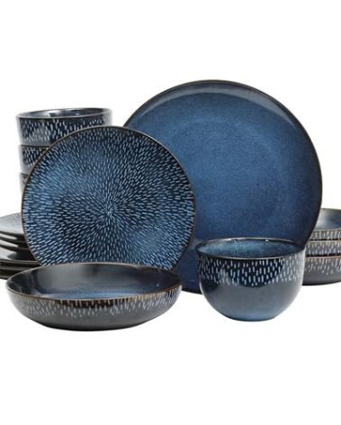 Gibson Elite Matisse 16-Piece Dinnerware Set – Double Bowl Reactive Glaze Cereamic Stoneware in Blue – Plates and Bowls Sets for 4, Microwave & Dishwasher Safe, Rustic Modern Design