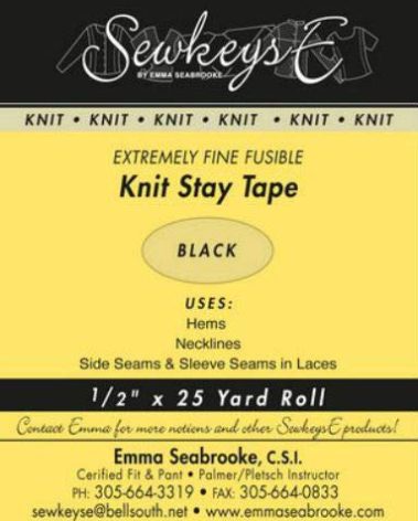 Field's Fabrics Black - 1/2" Fusible Knit Stay Tape - 0.5" X 25 Yards SewkeysE Extremely Fine Knit Interfacing Sold by The 25 Yard Roll (KST-02) M494.03