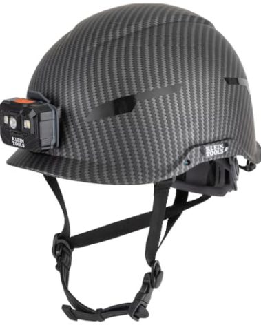 Safety Helmet, Non-Vented Class E with Rechargeable Lamp and Chin Strap, Premium KARBN Pattern, Tested up to 20kV