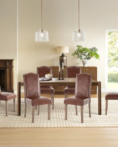 SNUGWAY Upholstered Dining Chair Stylish Parsons Kitchen High Back with Silver Nailhead Trim & Wood Legs, 6-Pack, PU Light Brown