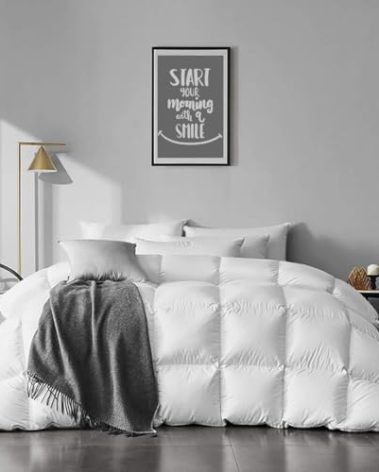 APSMILE Heavyweight Feather Down Comforter Oversized Queen Size - 100% Organic Cotton Quilted Thicker Winter Warmest Duvet Insert for Colder Weather/Sleepers (98x98, Ivory White)
