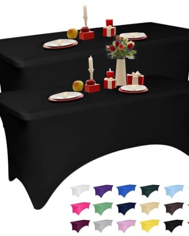 2 Pack 6 Feet Black Spandex Tablecloth for Rectangular Tables, Fitted & Stretch, Washable, Wrinkle Resistant, Perfect for Event, Wedding, Party, Banquet, Cocktail, Festival, and Table Protector