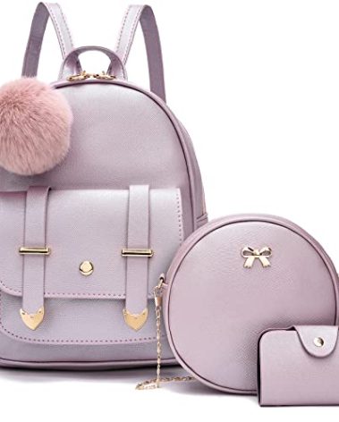 I IHAYNER Mini Leather Backpack Purse for Teen Girls 3-Pieces Fashion Backpack Cute Travel Daypacks Women Pompom Backpack Shoulder Bag Pearl Purple