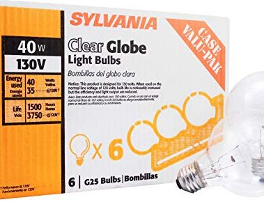 LEDVANCE Sylvania Incandescent G25 Décor Globe Light Bulb, 40W, Dimmable, E26 Medium Base, Clear, 2850K, Warm White - 6 Pack (14191)