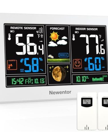 Newentor Weather Station Wireless Indoor Outdoor Thermometer, Color Display Digital Weather Thermometer with Atomic Clock, Barometric Pressure, Forecast Station with Adjustable Backlight,White,2Sensor