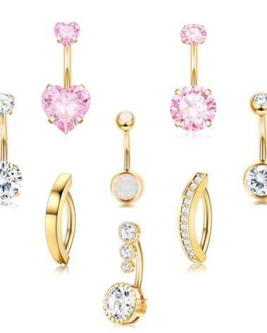 YNAAIAA 14G Belly Button Rings, Stainless Steel Diamond Belly Rings For Women, Belly Button Rings Hoop Cilcker, Pink Heart CZ Navel Piercings Pack Gold