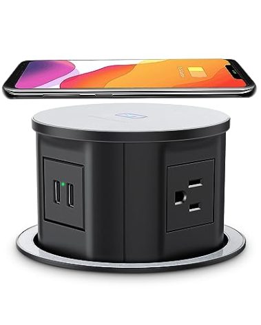 ANNQUAN Automatic Pop Up Countertop Outlet with 15W Wireless Charger,4 Outlets,2 USB Ports,4.75" Pop Up Electrical Outlet,Home Office Power Supply,Suits Kitchen Island RV Office Conference Table