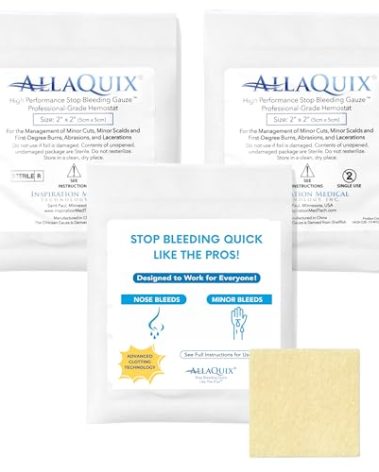 AllaQuix High Performance Stop Bleeding Gauze Pads – 3-Pack (2"x2") | Hemostatic Wound Dressing for Cuts & First Aid Kits | Sterile, Drug-Free, Fast Clotting Pads