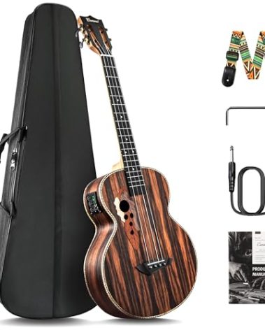 Caramel Ebony Wood Baritone Ukulele 30inch Wood LCD Color Display Electric Ukelele Kit Hawaiian Beginner Guitar Starter Pack Bundle Gig bag, Strap, Strings Set
