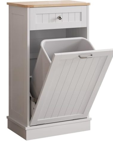 KIGOTY Tilt Out Trash Cabinet,Wooden Kitchen Trash Bin Holder Garbage Bin Recycling Cabinet Laundry Hamper with Solid Wood Countertop and Hideaway Drawer (White)