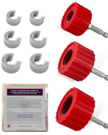 [3-Size/9PC] Copper Pipe Cleaner Set for Drill, 1/2, 3/4, & 1-inch [1 Cleaning Brush & 2 Brushing Pieces for Each Size] Clean Copper Pipes for Soldering, w/ Stainless-Steel Wire Bristles & 1/4” Shank
