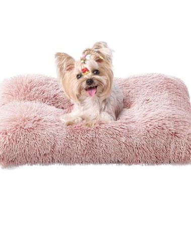 EHEYCIGA Fluffy Dog Bed, Plush Faux Fur Crate Pad, Calming Anti Anxiety Small Dog Bed, Washable Soft Warm Crate Mat with Non-Slip Bottom, Pink