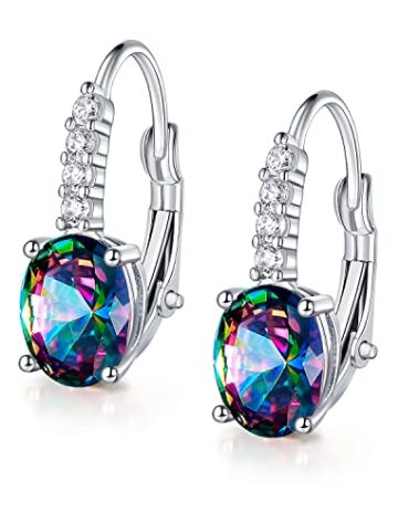 Women Created Rainbow Mystic Leverback Earrings 18K White Gold Plated Halo CZ Dangle Earrings Drop Hypoallergenic Jewelry Christams Gift for Her