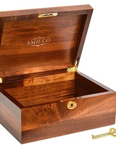 Smilco Wooden Storage Box with Hinged Lid Acacia Wood Hand-Crafted Wooden Box for Recipes Decorative Storage or as Keepsake