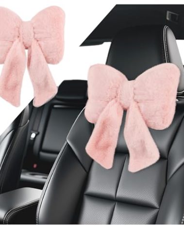 VKQTS Furry Bow Car Headrest Pillow,Soft & Comfortable Car Neck Pillow for Cars Decorations & Fatigue Relief,Universal Head Rest Pillows for Cars Interior Accessories for Trucks,SUVs (Pink)