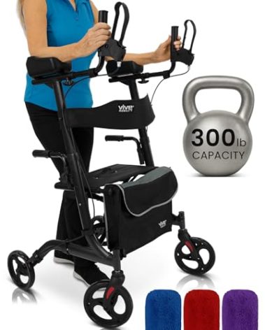 Vive Mobility Upright Walker with Seat - Stand Up Rollator, Arm Rests, Heavy Duty, Folding Medical Aid Scooter for Elderly, Seniors - Walking Assist, Foldable Transport Chair - 300 lb Capacity