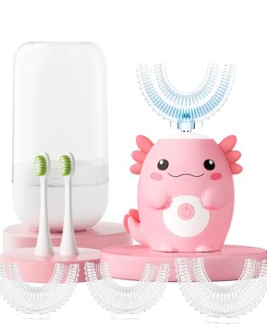 PVOGRT Kids Electric U Shaped Toothbrush - Axolotl Kids Sonic Toothbrush with 6 Brush Head Automatic 6 Cleaning Modes Full Mouth Cleaning-Pink