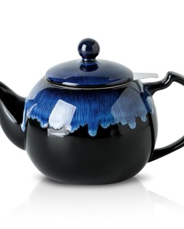 KOOV Tea Pot with Infuser for Loose Tea, 34 ounce Ceramic Teapot with Infuser, Enough For 6 Cups, Tea Pots with Tea Strainers for Tea Party, Reactive Glaze (Nebula Blue)