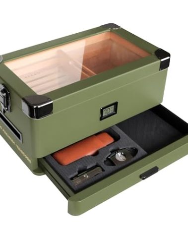 Case Elegance Military Glass Top Humidor, Matte Green with Front Digital Hygrometer, Spanish Cedar, Humidor Solution, Hydro System, and Accessory Foam Drawer - Holds (70-100 Cigars) by Klaro