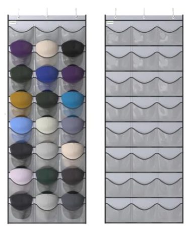 Unjumbly Baseball Hat Rack, 24 Pocket Over-The-Door Hat Organizer with Clear Deep Pockets to Display Baseball Caps Collection, Complete with 3 Over Door Hooks (Grey, 24 Pockets)
