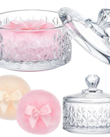 Tioncy 3 Pcs Large Body Powder Puff and Container Valentine's Day gift Powder Container with Puff Crystal Case Soft Washable Reusable Velour Face Body Glitter Wet Dry Makeup(Diamond,Clear)