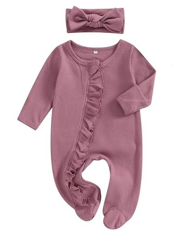 Ayalinggo Baby Girl Fall Winter Outfits - Knit Jumpsuit Ruffle Romper Coming Home Outfit (mitten cuff Jumpsuit Purple)