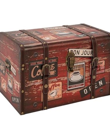 Household Essentials Medium Decorative Trunk, Coffee Shop Faux Decoupage, Antique Exterior, Leather and Metal Accents, Fabric Interior, Hinged Lid, Brown