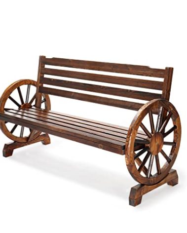 VINGLI Outdoor Rustic Wooden Bench with Wagon Wheel Arms, 3 People Outdoor Bench Garden Bench Front Porch Furniture Patio Lawn Yard Park, Indoor and Ourdoor Decor