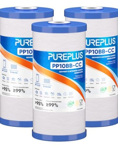 PUREPLUS 5 Micron 10" x 4.5" FXHTC Whole House Sediment and Carbon Water Filter Replacement Cartridge for GE GXWH40L, GXWH35F, GNWH38S, Culligan RFC-BBSA, WRC25HD, RFC-BB, PP10BB-CC, WFHD13001, 3Pack