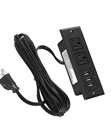 CCCEI Furniture Recessed Power Strip, Black Desk Outlet with USB Ports, in Conference Desktop Flush Mount Plug, 6 ft Extension Cord.