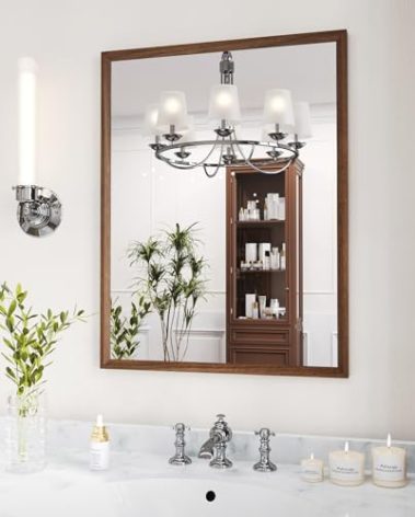 WEER Walnut Bathroom Mirror, Walnut Framed Mirror 22X30 Inch, Rectangle Wall Mounted Bathroom Vanity Mirror with Tempered Glass, Hangs Vertically or Horizontally, Anti-Rust