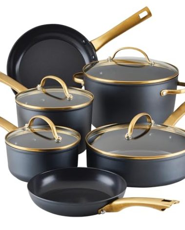 Farberware Forged Induction Ceramic Nonstick Pots and Pans Set with Lids and Kitchen Cooking Tools - Dishwasher Safe, Suitable for All Stovetops, 12 Piece Cookware Set - Black and Gold