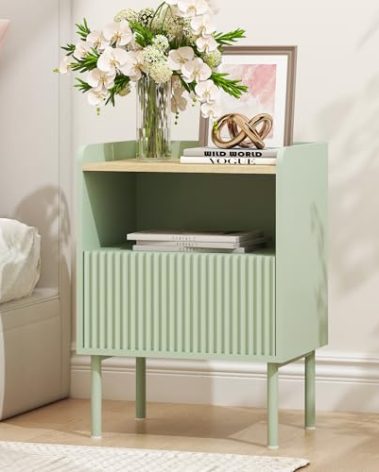 karlott Nightstand, Modern Night Stand with Drawers, Mid-Century Side Table, Farmhouse Wooden Top Bedside End Table, Accent Table for Small Space, Bedroom, Living Room, Pale Green