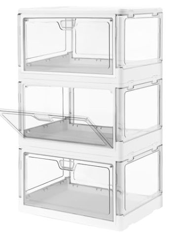 HYBRIDEAS 3-Pack Clear Stackable Storage Bins with Lids Magnetic Doors Open Front Foldable Folding Plastic Craft Containers Large Closet Organizers Box for Bedrooms Living Rooms Study Kids' Toys 24 QT
