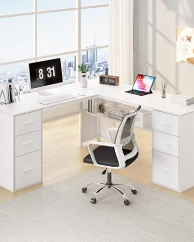 HSH White L Shaped Desk with Drawers Shelves, Large Home Office Corner Computer Desk with Storage File Cabinet, Modern Metal Wood Desk for Executive Writing Study Workstation, 59 Inch Bedroom Table