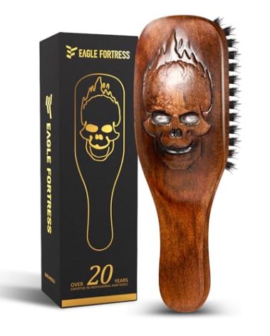 Eagle Fortress Boar Bristle Hair Brush for Men Hair Care - Beard Brush, Mustache Brush with Skull on Wooden Handle, Grooming & Styling Tool for Men, Standard Size