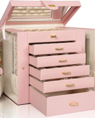 AKOZLIN Huge Jewelry Box Organizer Functional Extra Large Leather Jewelry Storage Case for Women Girls Ring Necklace Earring Bracelet Holder Organizer with Mirror