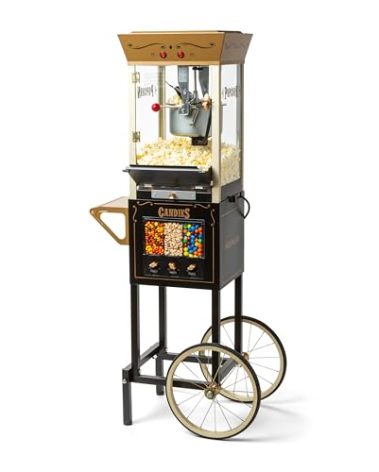 Nostalgia Vintage 8 Ounce Professional Popcorn and Dispensing Cart, Makes Up to 32 Cups, Three Storage Dispensers for Kernels, Candy, Nuts, Chocolate, Measuring Spoons and Scoop Included