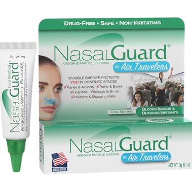 NasalGuard Airborne Particle Blocker Nasal Gel for Air Travelers - Drug-Free, Non-irritating, Non-drowsy, Airplane Travel Approved (Cool Menthol) - Over 150 Applications Per Tube (0.1 oz, Pack of 1)